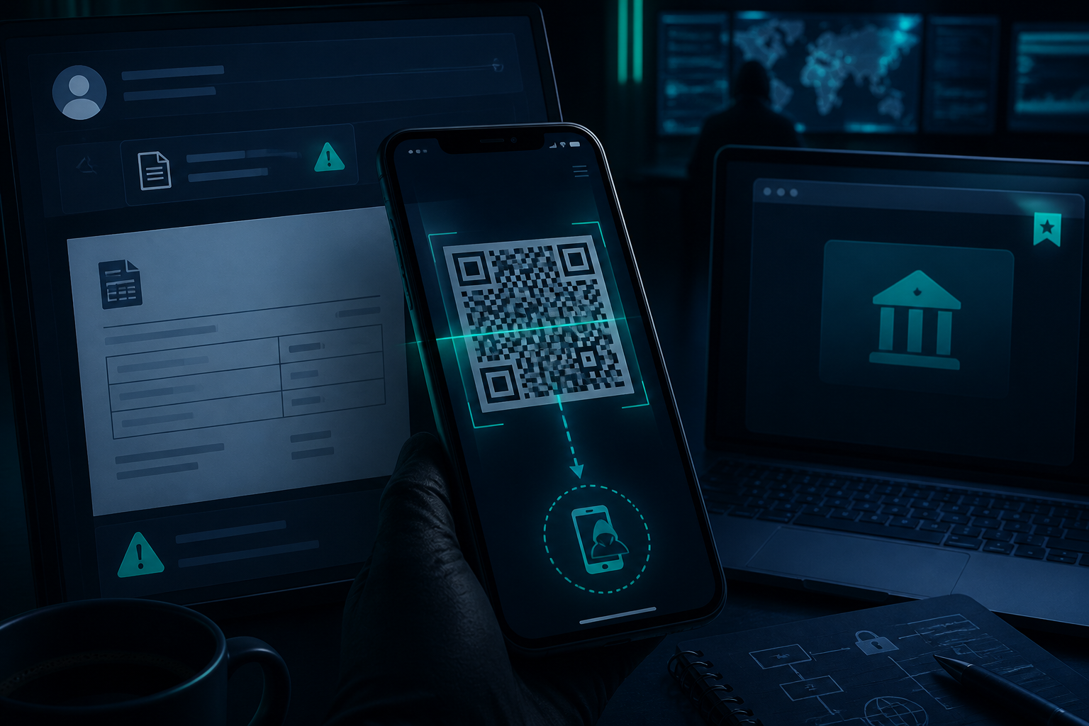 Phone camera over QR code beside bookmarked vendor portal