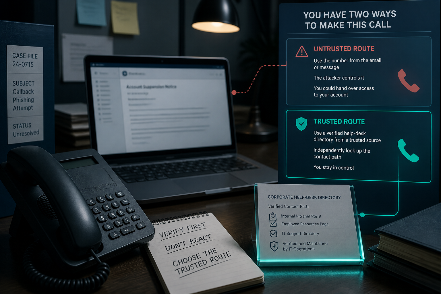 Desk phone and phishing email beside verified help desk directory